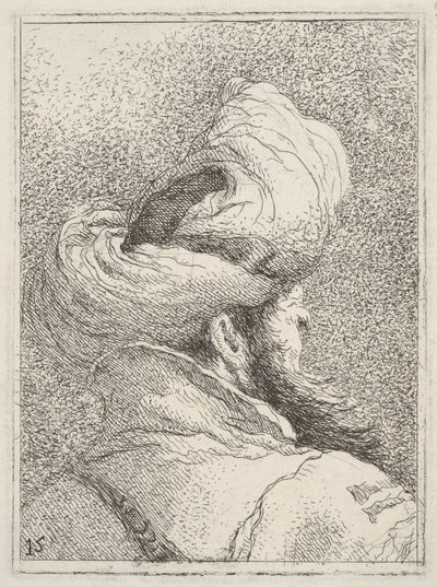 Brodaty mężczyzna w turbanie, ukazany w popiersiu od tyłu w ujęciu trzy czwarte, ze „Zbioru głów” (Raccolta di teste) autorstwa Giovanni Domenico Tiepolo