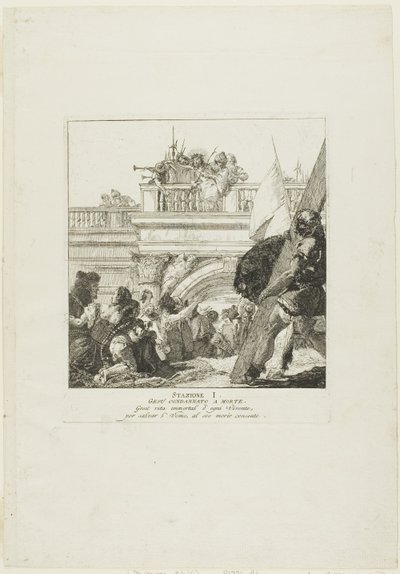 Chrystus skazany na śmierć, płyta pierwsza z Drogi Krzyżowej autorstwa Giovanni Domenico Tiepolo