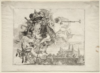 Ucieczka do Egiptu: dedykacja ze skrzydlatą postacią sławy noszącą herb księcia-biskupa Würzburga autorstwa Giovanni Domenico Tiepolo