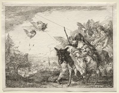 Ucieczka do Egiptu: Józef zatrzymuje się, by spojrzeć na Dzieciątko Chrystus autorstwa Giovanni Domenico Tiepolo