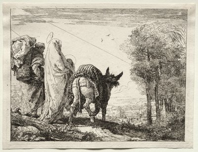 Ucieczka do Egiptu: Święta Rodzina zbliża się do wioski autorstwa Giovanni Domenico Tiepolo