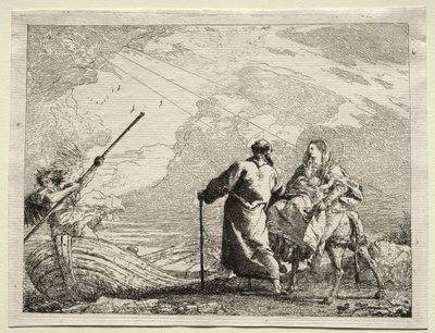 Ucieczka do Egiptu: Święta Rodzina przybywająca na brzeg rzeki autorstwa Giovanni Domenico Tiepolo