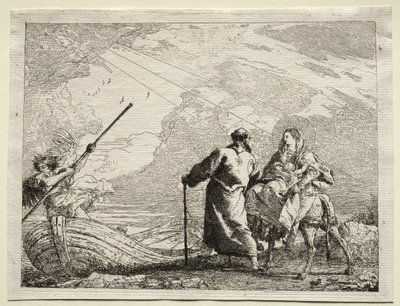 Ucieczka do Egiptu: Święta Rodzina przybywająca na brzeg rzeki. autorstwa Giovanni Domenico Tiepolo