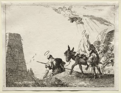 Ucieczka do Egiptu: Święta Rodzina przechodząca w pobliżu piramidy. autorstwa Giovanni Domenico Tiepolo