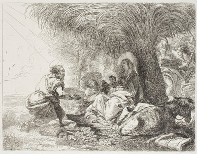 Józef adorujący dziecko, podczas gdy dwa anioły śpiewają, płyta dziewiętnasta z „Ucieczki do Egiptu” autorstwa Giovanni Domenico Tiepolo