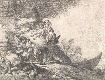 Józef adorujący Dzieciątko Jezus przy dymiącym ołtarzu, z ucieczki do Egiptu, 1752 r. autorstwa Giovanni Domenico Tiepolo