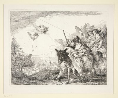Józef kontempluje Dzieciątko Jezus, z cyklu Malownicze Pomysły na Ucieczkę do Egiptu (Ucieczka do Egiptu) autorstwa Giovanni Domenico Tiepolo