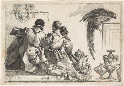 Klęczące strony, maska i papuga autorstwa Giovanni Domenico Tiepolo