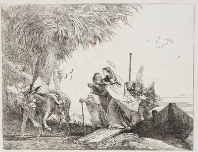 Maryja z pomocą Józefa i Anioła, Wychodząc z łodzi, płyta osiemnasta z Ucieczki do Egiptu autorstwa Giovanni Domenico Tiepolo