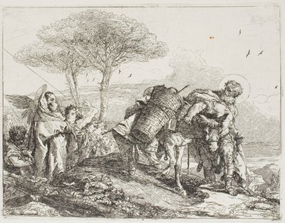 Maryja z pomocą dwóch aniołów podąża za Józefem z osłem, płyta 25 z „Ucieczki do Egiptu” autorstwa Giovanni Domenico Tiepolo