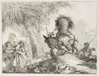 Maryja z pomocą anioła i Józef niosący kosz, przechodzące stado, płyta 24 z „Ucieczki do Egiptu” autorstwa Giovanni Domenico Tiepolo