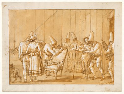 Punchinello otrzymuje pomoc, by usiąść na krześle autorstwa Giovanni Domenico Tiepolo