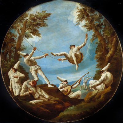 Punchinellos na huśtawkach, tworzenie muzyki i wykonywanie akrobatyki w krajobrazie autorstwa Giovanni Domenico Tiepolo