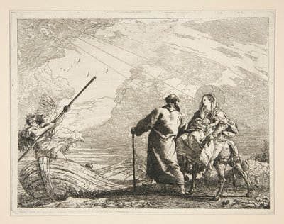Święta Rodzina przybywa na brzeg rzeki, z cyklu Idee pittoresche sopra la fuga in Egitto (Ucieczka do Egiptu) autorstwa Giovanni Domenico Tiepolo