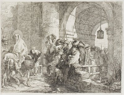 Święta Rodzina przybywająca do Bramy Miejskiej, tablica 27 z Ucieczki do Egiptu autorstwa Giovanni Domenico Tiepolo