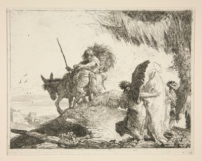 Święta rodzina między dwoma aniołami, z cyklu Idee pittoresche sopra la fuga in Egitto (Ucieczka do Egiptu) autorstwa Giovanni Domenico Tiepolo