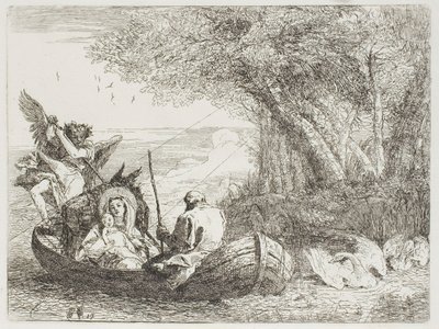 Święta Rodzina Przeprawa przez jezioro łodzią, płyta siedemnasta z Ucieczki do Egiptu autorstwa Giovanni Domenico Tiepolo