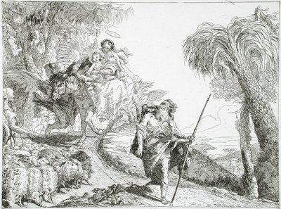 Święta Rodzina schodząca leśną ścieżką, w pobliżu stada i kilku pasterzy autorstwa Giovanni Domenico Tiepolo