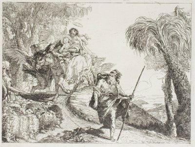 Święta Rodzina schodząc leśną ścieżką, w pobliżu stada i kilku pasterzy, płyta 21 z „Ucieczki do Egiptu” autorstwa Giovanni Domenico Tiepolo