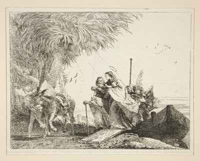 Wysiadanie Świętej Rodziny z cyklu Malownicze Pomysły na Ucieczkę do Egiptu (Ucieczka do Egiptu) autorstwa Giovanni Domenico Tiepolo