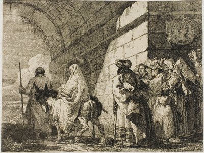 Święta Rodzina wychodząca bramą miejską, tablica siódma z Ucieczki do Egiptu autorstwa Giovanni Domenico Tiepolo