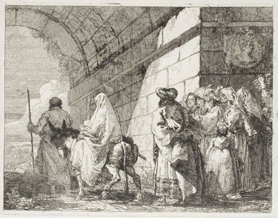 Święta Rodzina wychodząca bramą miejską, tablica siódma z Ucieczki do Egiptu autorstwa Giovanni Domenico Tiepolo