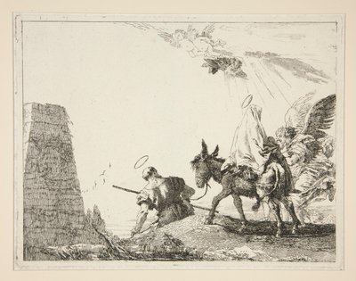 Święta Rodzina przechodząca przez piramidę, z cyklu Idee pittoresche sopra la fuga in Egitto (Ucieczka do Egiptu) autorstwa Giovanni Domenico Tiepolo