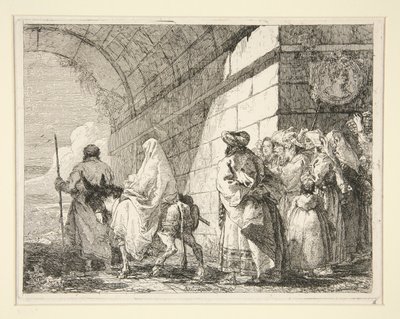 Święta Rodzina przechodząca pod łukiem, wychodząca bramą miejską, z cyklu Idee pittoresche sopra la fuga in Egitto (Ucieczka do Egiptu) autorstwa Giovanni Domenico Tiepolo
