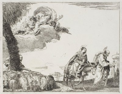 Święta Rodzina idąca wzdłuż murów miejskich. Po lewej pasterz ze swoją owczarnią i Bogiem Ojcem, tablica ósma z Ucieczki do Egiptu autorstwa Giovanni Domenico Tiepolo