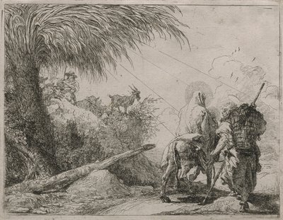 Święta Rodzina na kamienistej ścieżce z cyklu Idee pittoresche sulla fuga in Egitto (Ucieczka do Egiptu) autorstwa Giovanni Domenico Tiepolo
