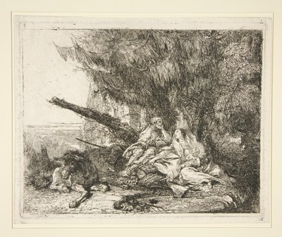 Odpoczynek w ucieczce do Egiptu z cyklu Idee pittoresche sopra la fuga in Egitto (Ucieczka do Egiptu) autorstwa Giovanni Domenico Tiepolo