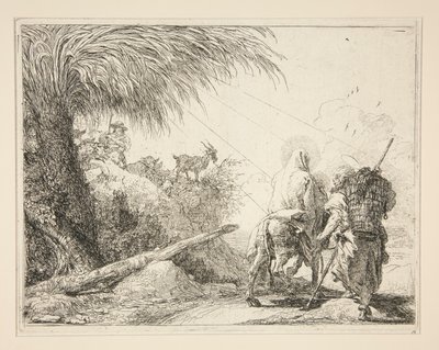Dziewica na ośle widziana od tyłu, z cyklu Idee pittoresche sopra la fuga in Egitto (Ucieczka do Egiptu) autorstwa Giovanni Domenico Tiepolo
