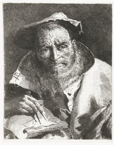 Naukowiec z beretem na głowie i kompasem w ręku Kolekcja głów (tytuł serii) Raccolta di Teste (tytuł serii) autorstwa Giovanni Domenico Tiepolo