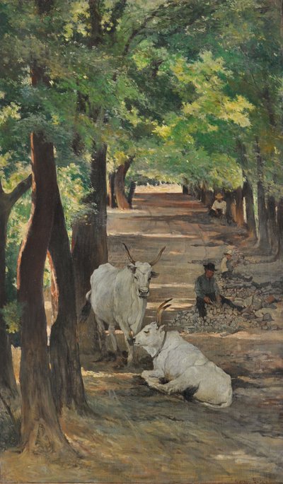 Aleja z wołami i łamaczami kamieni, ok. 1875 (olej na płótnie) autorstwa Giovanni Fattori