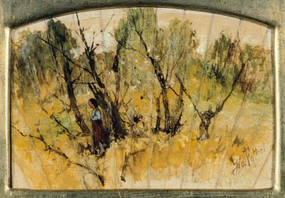Las z postacią, studium wachlarza, reż. Giovanni Fattori, olej, papier, płótno autorstwa Giovanni Fattori