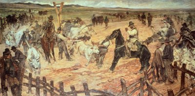 Znakowanie młodych byków w Maremmie – Giovanni Fattori (1825-1908), olej na płótnie, 885 cm x175 autorstwa Giovanni Fattori