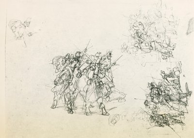Trzy szkice dla grup żołnierzy (czarny ołówek) autorstwa Giovanni Fattori