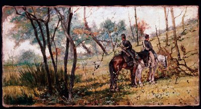 Dwóch żołnierzy jadących pod drzewami (Dwóch konnych) - Malarstwo autorstwa Giovanni Fattori