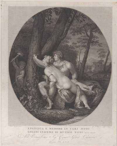 Angelica leży na kolanach Medoro i zapisuje ich imiona na pniu drzewa, 1784-1836. autorstwa Giovanni Folo