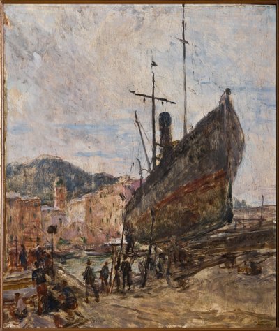 Port i łódź (olej na pokładzie) autorstwa Giovanni Forghieri