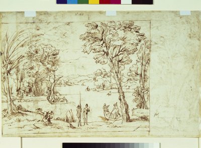 Krajobraz z postaciami na brzegu rzeki (pióro i atrament na papierze) autorstwa Giovanni Francesco Grimaldi