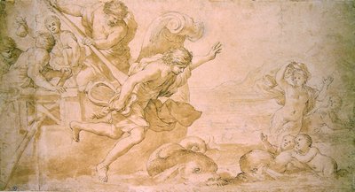 Arion i delfiny (pióro i brązowy tusz oraz pranie na papierze) autorstwa Giovanni Francesco Romanelli