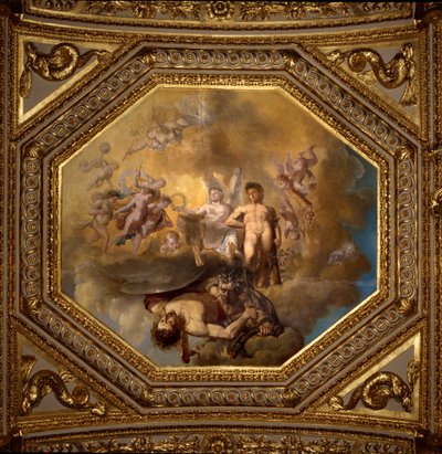 Persee zabija Meduzę. Obraz Giovanniego Romanelli (1601-1662) zdobiący sufit Sali Antoniny, sypialni letnich apartamentów królowej Anny (1601-1666). Około 1655-1658. Paryż, Luwr. autorstwa Giovanni Francesco Romanelli