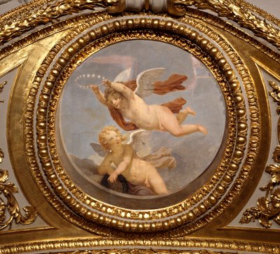 Miłość. Obraz Giovanniego Romanelli (1601-1662) zdobiący sufit Sali Antoniny, sypialni letnich apartamentów królowej Anny (1601-1666). Około 1655-1658. Paryż, Luwr. autorstwa Giovanni Francesco Romanelli