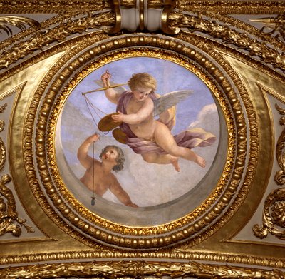 Miłość do sprawiedliwości. Obraz Giovanniego Romanelli (1601-1662) zdobiący sufit Sali Antoniny, sypialni letnich apartamentów królowej Anny (1601-1666). Około 1655-1658. Paryż, Luwr. autorstwa Giovanni Francesco Romanelli
