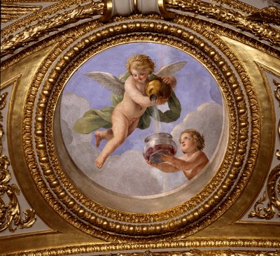 Miłość do wstrzemięźliwości. Obraz Giovanniego Romanelli (1601-1662) zdobiący sufit Sali Antoniny, sypialni letnich apartamentów królowej Anny (1601-1666). Około 1655-1658. Paryż, Luwr. autorstwa Giovanni Francesco Romanelli
