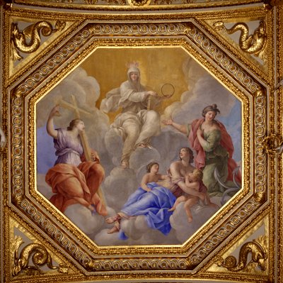 Religia i cnoty teologiczne (Wiara, Miłość, Esperance). Obraz Giovanniego Romanelli (1601-1662) zdobiący sufit Sali Antoniny, sypialni letnich apartamentów królowej Anny (1601-1666). Około 1655-1658. Paryż, Luwr Mus autorstwa Giovanni Francesco Romanelli