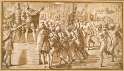 Cesarz Konstantyn, zwracając się do swoich żołnierzy, przestraszony wizją Krzyża na niebie (pióro i atrament na papierze) autorstwa Giovanni Francesco (c.1488 1528) Penni