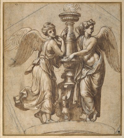Zwycięstwa obejmujące kandelabr (pióro i brązowy atrament z czarną kredą na papierze) autorstwa Giovanni Francesco (c.1488 1528) Penni