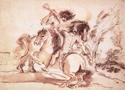 Dwóch jeźdźców walczących (pióro i atrament i pranie na papierze) autorstwa Giovanni Francesco Barbieri